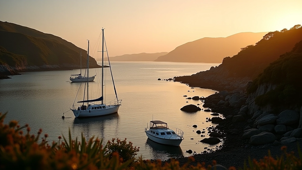 Scenic view of Glengarriff Harbour with sailboats at sunset