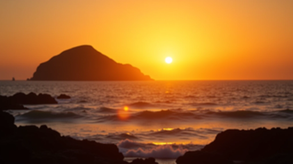 Sunset over coastal headland with golden light reflecting off ocean waves and silhouetted walking figures