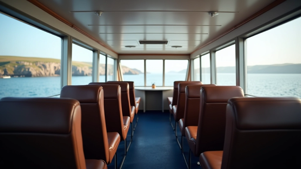 Ferry boat interior showing comfortable seating and large windows