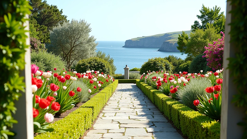 Scenic Italian-style gardens with flowering plants and stone pathways overlooking the sea