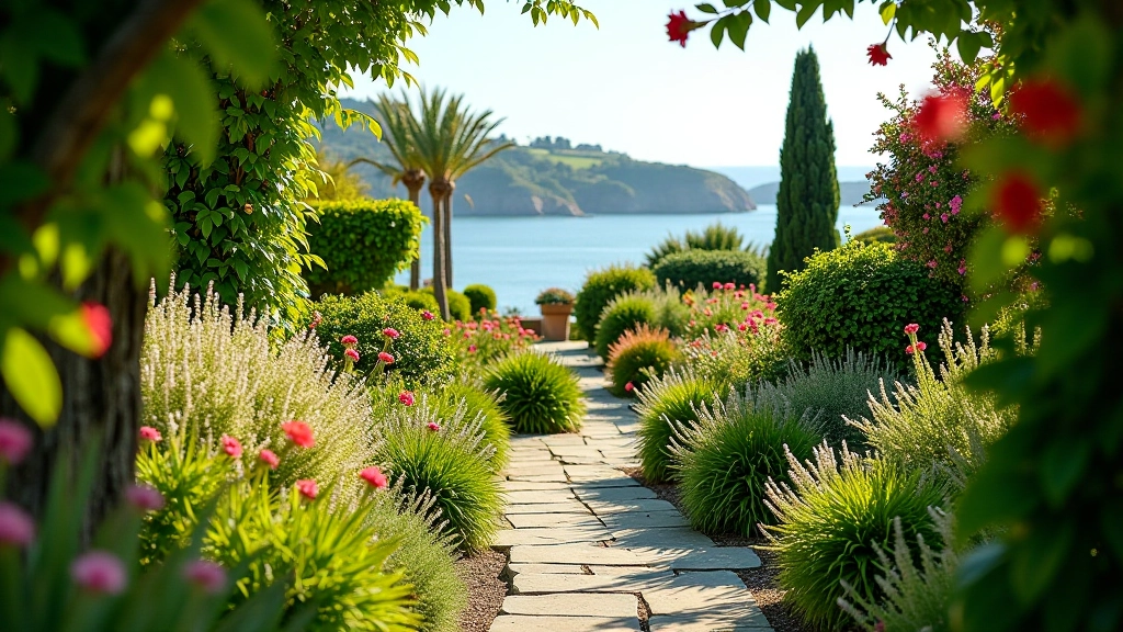 Beautiful Italian garden with flowering plants and stone pathways