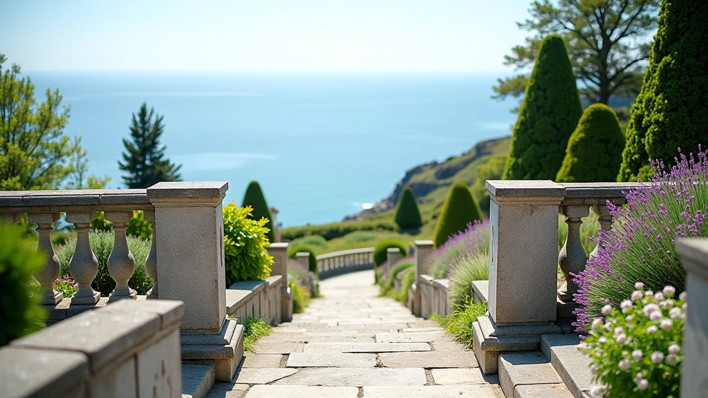 Ornamental stone balustrade and terraced gardens at Garnish Island with Mediterranean-style plantings and ocean views beyond