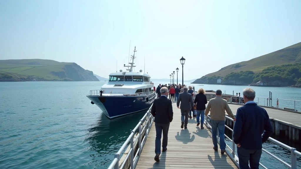 Traditional passenger ferry boat at the pier with calm water and coastal backdrop