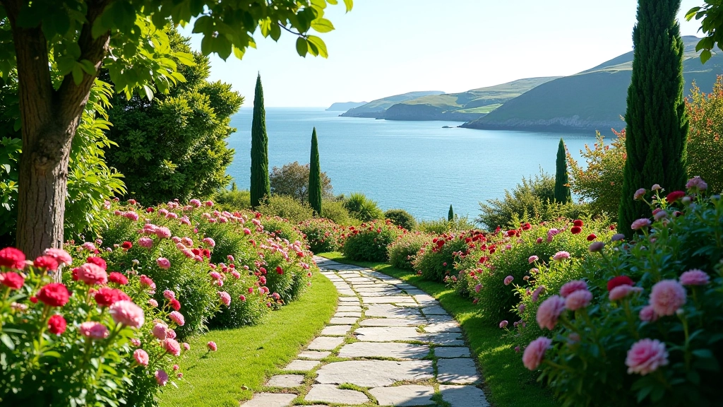 Scenic Italian-style gardens with flowering plants and stone pathways overlooking Cork coast