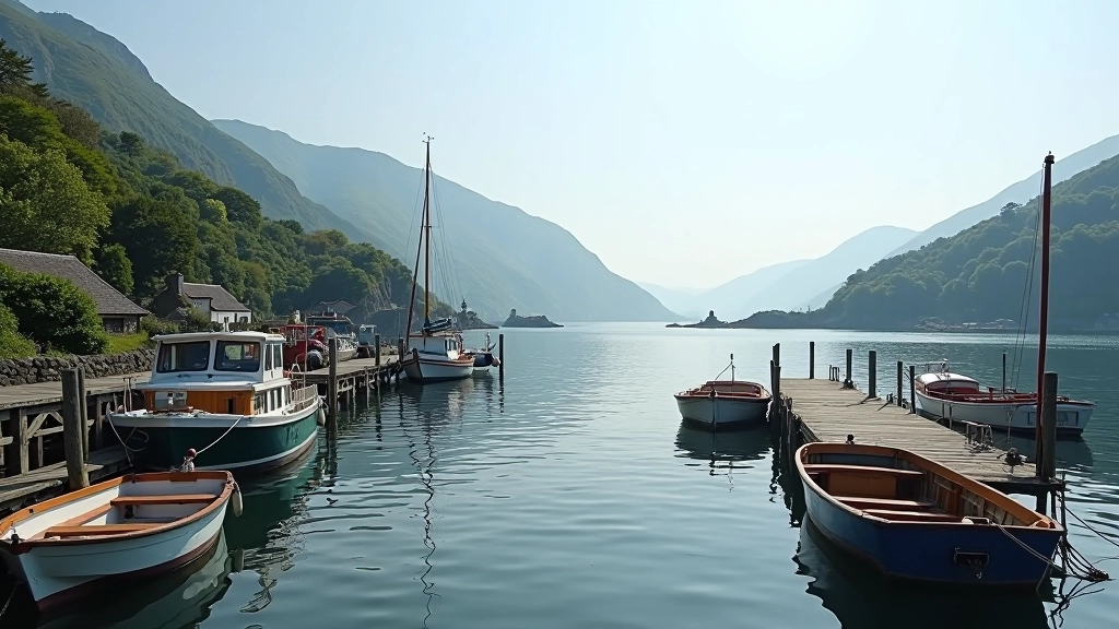 Tranquil harbour with boats and waterfront promenade for relaxed walking