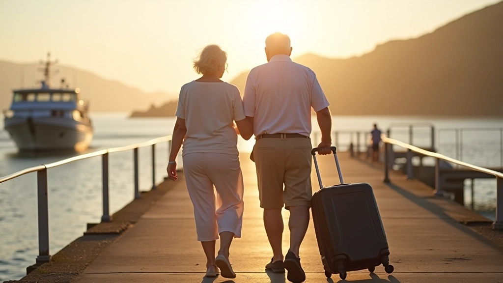 Retired couple boarding ferry with luggage, enjoying pier departure