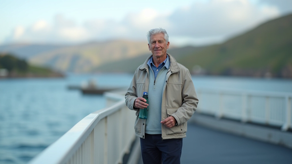 Retired traveler on ferry deck enjoying coastal views with proper clothing