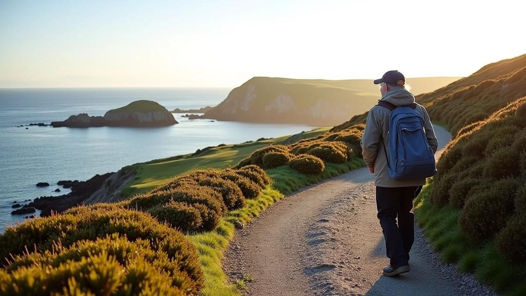 Rocky coastal headland with walking path and panoramic views across the water