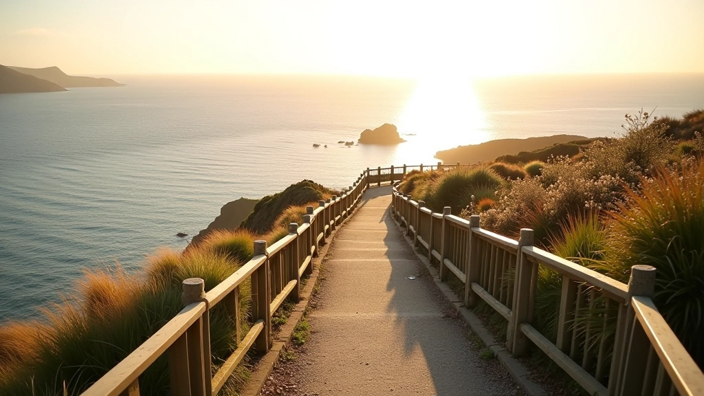 Panoramic view of coastal headland with walking trail winding along the cliff edge overlooking the Atlantic Ocean