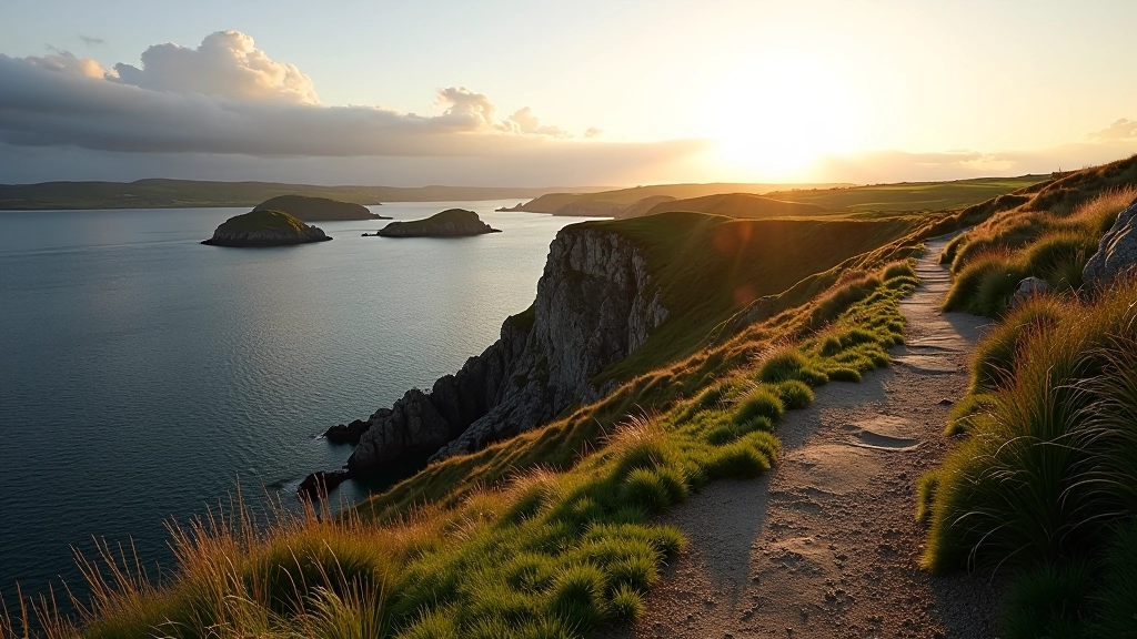 Rocky coastal headland with walking path and panoramic views across the water