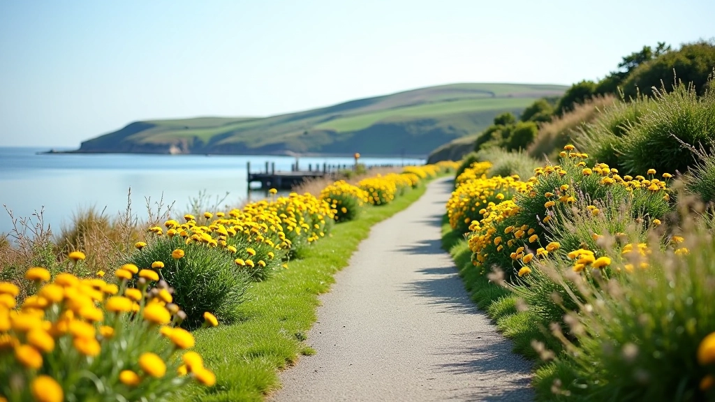 Colourful wildflowers and coastal vegetation growing along the waterfront path in spring