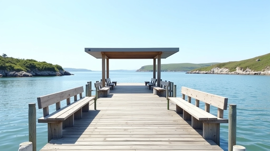 Scenic pier facility with seating areas, modern shelter, and clear water views