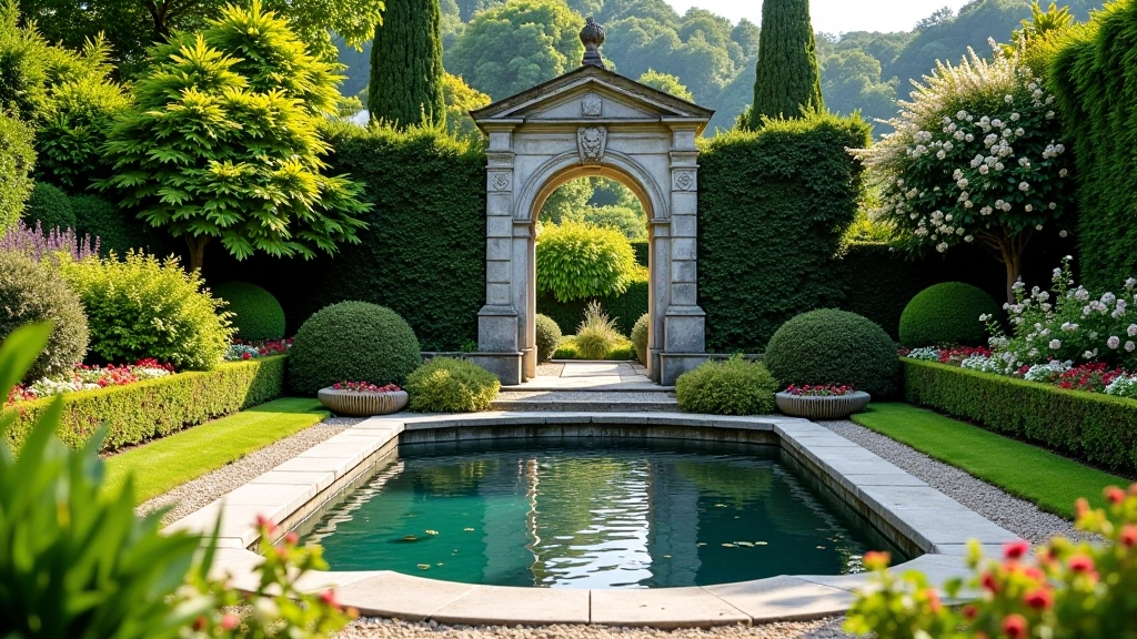 Sunken garden feature with formal pool and stone archway framed by flowering plants and Mediterranean-style landscaping