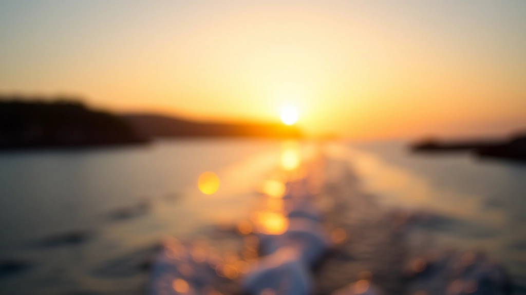 Golden hour sunset view from ferry boat approaching island