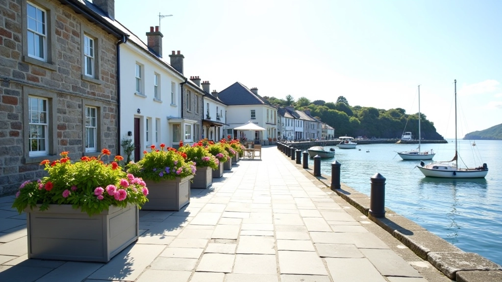 Glengarriff waterfront promenade with traditional stone buildings and flowering gardens overlooking the harbour